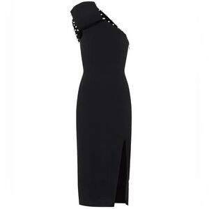 Rebecca Vallance || Pipi Bow & Pearls Crepe Midi Dress One Shoulder Black 4